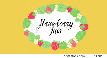 Vibrant strawberry jam label design with a wreath of berries and flowers on a yellow background, perfect for summer preserves. 119417855