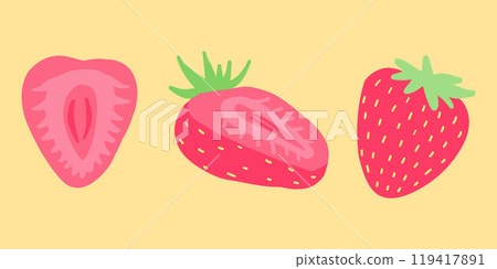Whimsical vector illustration of strawberries in vibrant pinks and yellows, showcasing whole and halved berries in charming flat design style, perfect for fresh summer themes and healthy food concept 119417891
