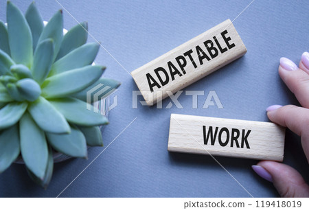 Adaptable work symbol. Concept word Adaptable work on wooden blocks. Beautiful grey background with succulent plant. Business and Adaptable work concept. Copy space 119418019