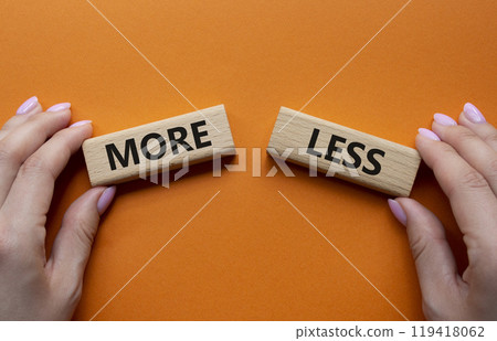 More or Less symbol. Concept word More or Less on wooden blocks. Businessman hand. Beautiful orange background. Business and More or Less concept. Copy space More or Less symbol. Concept word More or Less on wooden blocks. Businessman hand. Beautiful orange background. Business and More or Less concept. Copy space 119418062