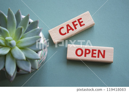 Cafe Open symbol. Concept word Cafe Open on wooden blocks. Beautiful grey green background with succulent plant. Business and Cafe Open concept. Copy space Cafe Open symbol. Concept word Cafe Open on wooden blocks. Beautiful grey green background with succulent plant. Business and Cafe Open concept. Copy space 119418083