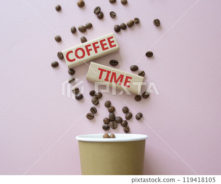 Coffee Time symbol. Concept word Coffee Time on wooden blocks. Beautiful pink background with coffee cup. Business and Coffee Time concept. Copy space Coffee Time symbol. Concept word Coffee Time on wooden blocks. Beautiful pink background with coffee cup. Business and Coffee Time concept. Copy space 119418105