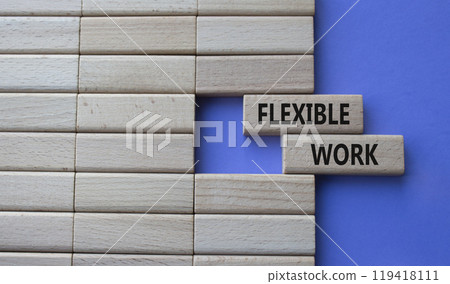 Flexible Work symbol. Concept word Flexible Work on wooden blocks. Beautiful purple background. Business and Flexible Work concept. Copy space 119418111