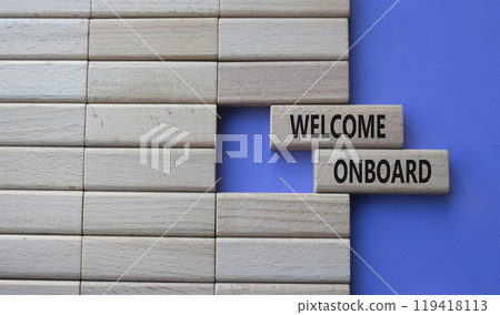 Welcome onboard symbol. Concept words Welcome onboard on wooden blocks. Beautiful purple background. Business and Welcome onboard concept. Copy space. 119418113