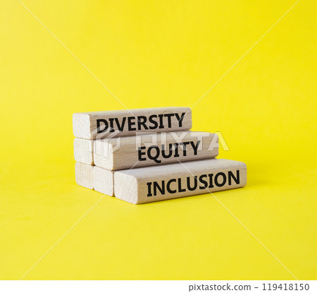 Diversity Equity Inclusion symbol. Concept words Diversity Equity Inclusion on wooden blocks. Beautiful yellow background. Business and Diversity Equity Inclusion concept. Copy space Diversity Equity Inclusion symbol. Concept words Diversity Equity Inclusion on wooden blocks. Beautiful yellow background. Business and Diversity Equity Inclusion concept. Copy space 119418150