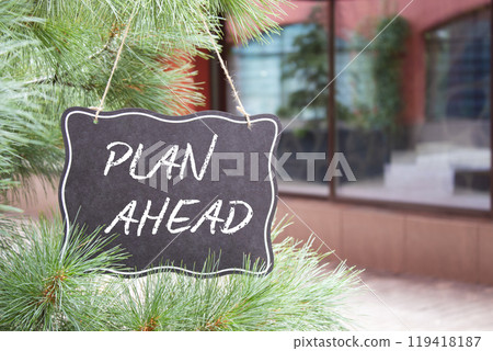 Plan ahead symbol. Concept words Plan ahead on black chalk blackboard. Beautiful background with shop and tree. Business and Plan ahead concept. Copy space. 119418187