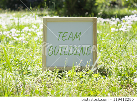 Team Building symbol. Concept words Team Building on white chalk background. Beautiful meadow background. Business and Team Building concept. Copy space. 119418290