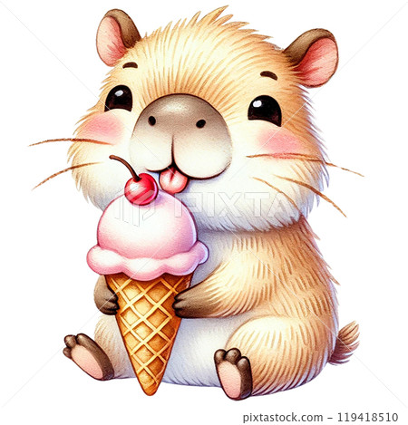 Cute animal enjoying an ice cream cone with a cheerful expression. 119418510
