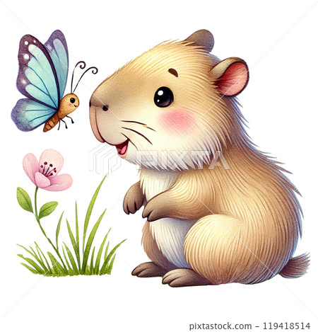 Cute animal with butterfly and flower in an isolated background. 119418514