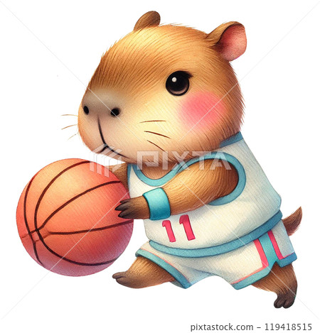 Cute capybara playing basketball on a white isolated background. Cute capybara playing basketball on a white isolated background. 119418515