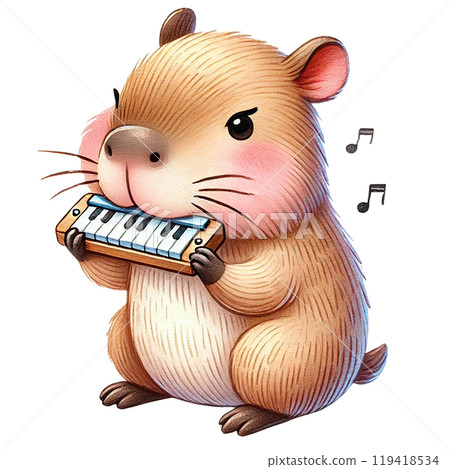Cute hamster playing a melodica with a joyful expression. 119418534
