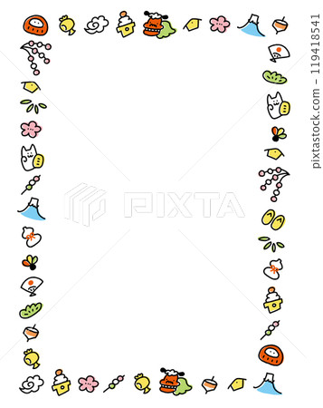 手繪日式框架，帶有可愛的新年人物，垂直 119418541