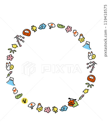 Hand-drawn New Year's cute character Japanese style frame circular Hand-drawn New Year's cute character Japanese style frame circular 119418575