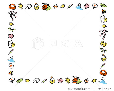Hand-drawn Japanese-style frame with cute New Year's characters, horizontal 119418576