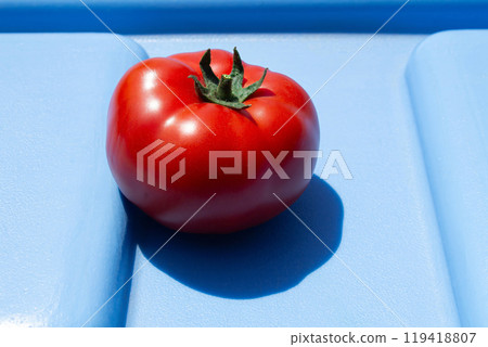 A photo of a tomato with a hard light, on an abstract blue background, for use in stylish designs about the food business 119418807