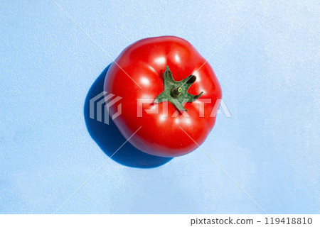 A photo of a tomato with a hard light, on an abstract blue background, for use in stylish designs about the food business A photo of a tomato with a hard light, on an abstract blue background, for use in stylish designs about the food business 119418810