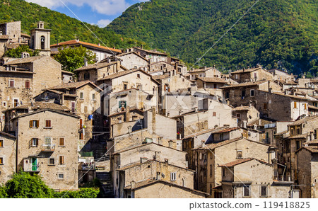 Village of Scanno with typical stone houses, Abruzzo National Park, Italy 119418825