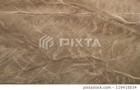 Aerial view of monkey geoglyph, mysterious Nazca line in peruvian desert Aerial view of monkey geoglyph, mysterious Nazca line in peruvian desert 119418834