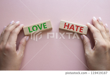Love vs Hate symbol. Concept word Love vs Hate on wooden blocks. Businessman hand. Beautiful pink background. Business and Love vs Hate concept. Copy space Love vs Hate symbol. Concept word Love vs Hate on wooden blocks. Businessman hand. Beautiful pink background. Business and Love vs Hate concept. Copy space 119419187