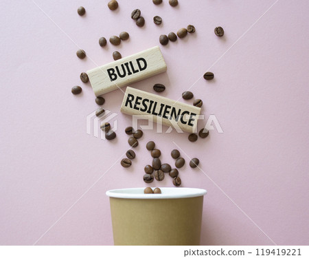 Build resilience symbol. Wooden blocks with words Build resilience. Beautiful pink background with coffee cup. Business and Build resilience concept. Copy space. 119419221
