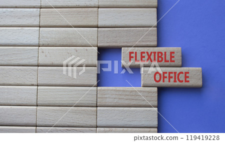 Flexible Office symbol. Concept word Flexible Office on wooden blocks. Beautiful purple background. Business and Flexible Office concept. Copy space 119419228