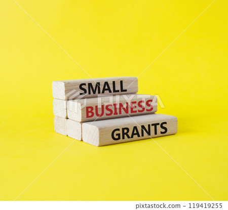 Small Business Grants symbol. Concept words Small Business Grants on wooden blocks. Beautiful yellow background. Business and Small Business Grants concept. Copy space 119419255