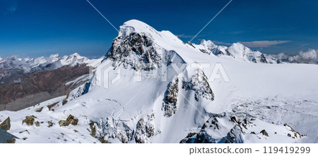 Spectacular view of the Valais mountain range from Matterhorn Grescher Paradise, Breithorn, Zermatt, Switzerland Spectacular view of the Valais mountain range from Matterhorn Grescher Paradise, Breithorn, Zermatt, Switzerland 119419299