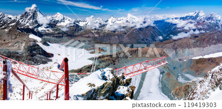 Spectacular view of the Matterhorn and the Valais mountain range from Grescher Paradise, Zermatt, Switzerland 119419303