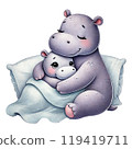 Mother and baby hippo cuddling together 119419711