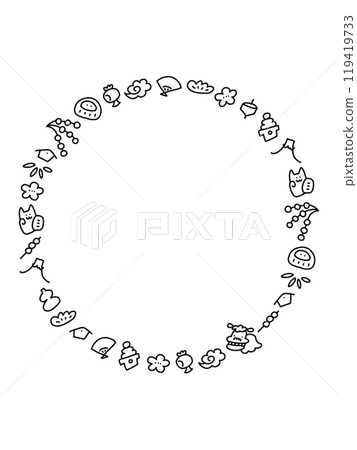 Hand-drawn cute New Year's character line drawing Japanese style frame circular monochrome Hand-drawn cute New Year's character line drawing Japanese style frame circular monochrome 119419733