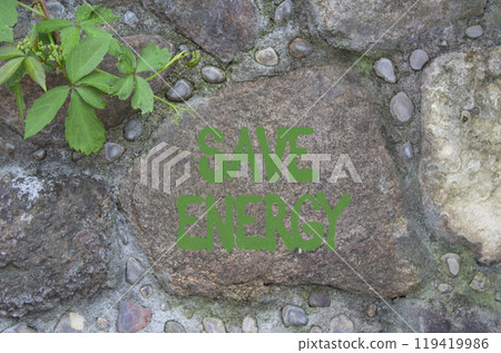 Save Energy symbol. Stone wall with words Save Energy. Beautiful stone background. Business and Save Energy concept. Copy space. 119419986