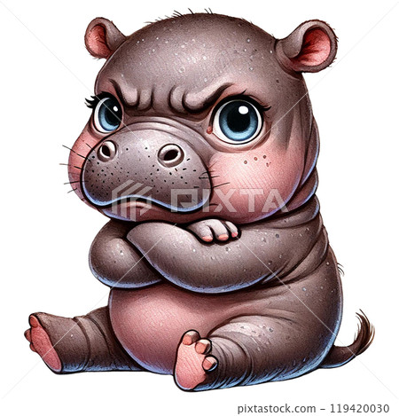 Cute cartoon hippo with an angry expression, white isolate background 119420030
