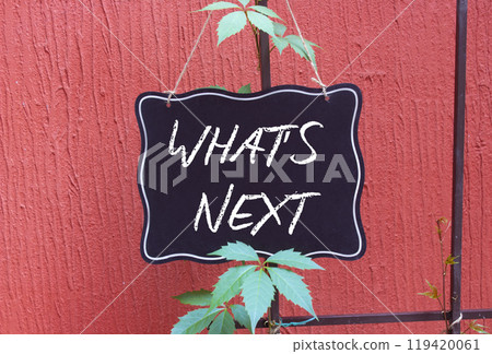 What is next symbol. Concept words What is next on black chalk blackboard. Beautiful red background. Business and What is next concept. Copy space 119420061