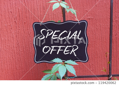 Special Offer symbol. Concept word Special Offer on black chalk background. Beautiful red background. Business and Special Offer concept. Copy space 119420062