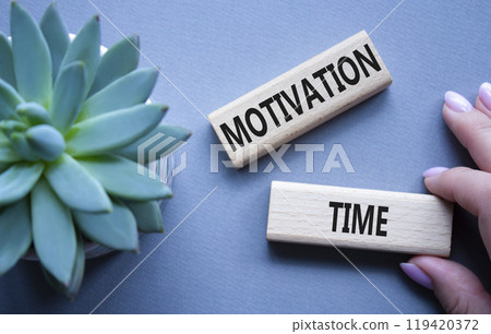 Motivation Time symbol. Concept word Motivation Time on wooden blocks. Beautiful grey background with succulent plant. Business and Motivation Time concept. Copy space 119420372