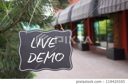 Live Demo symbol. Concept words Live Demo on black chalk background. Beautiful background with shop and plants. Business and Live Demo concept. Copy space. Live Demo symbol. Concept words Live Demo on black chalk background. Beautiful background with shop and plants. Business and Live Demo concept. Copy space. 119420385