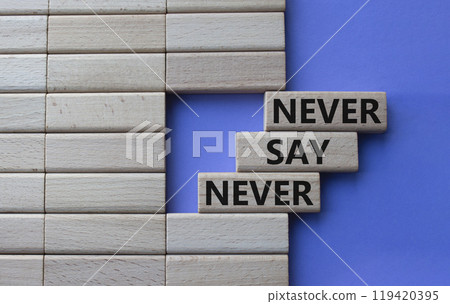 Never say Never symbol. Concept words Never say Never on wooden blocks. Beautiful purple background. Business and Never say Never concept. Copy space 119420395