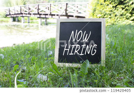 Now Hiring symbol. Concept word Now Hiring on black chalk background. Beautiful meadow background with bridge. Business and Now Hiring concept. Copy space Now Hiring symbol. Concept word Now Hiring on black chalk background. Beautiful meadow background with bridge. Business and Now Hiring concept. Copy space 119420405