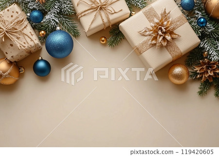 Commemorate New Year in elegance. Top view perspective of carefully wrapped giftbox, chic tree ornaments, glittery balls, seasonal adornments on beige backdrop 119420605