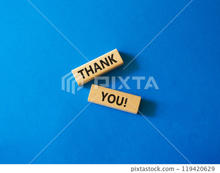 Thank you symbol. Wooden blocks with words Thank you. Beautiful blue background. Business and Thank you concept. Copy space. 119420629