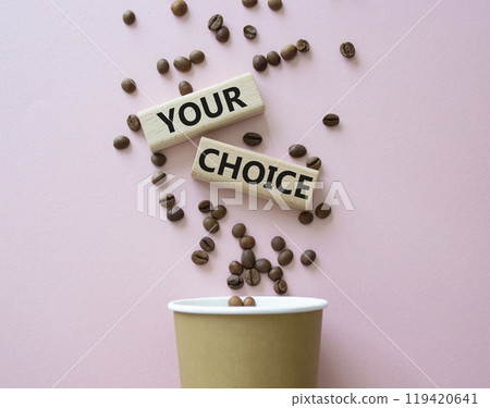 Your Brand symbol. Concept word Your Brand on wooden blocks. Beautiful pink background with coffee cup and coffee beans. Business and Your Brand concept. Copy space Your Brand symbol. Concept word Your Brand on wooden blocks. Beautiful pink background with coffee cup and coffee beans. Business and Your Brand concept. Copy space 119420641