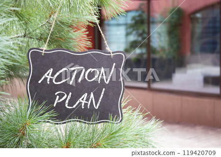 Action plan symbol. Blackboard with words Action plan. Beautiful background with shop and tree. Business and Action plan concept. Copy space. 119420709