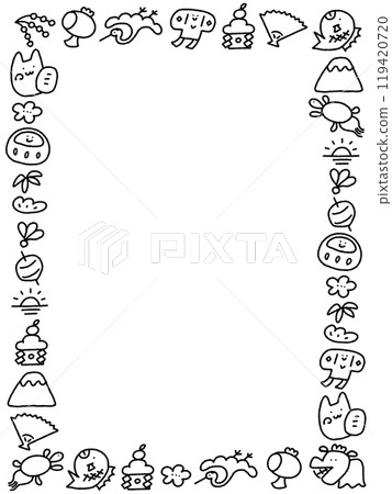 Hand-drawn cute New Year's character line drawing Japanese style frame, horizontal, monochrome Hand-drawn cute New Year's character line drawing Japanese style frame, horizontal, monochrome 119420720