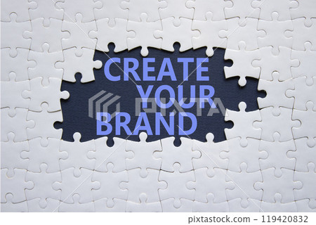 Create your Brand symbol. Concept words Create your Brand on white puzzle. Beautiful deep blue background. Business and Create your Brand concept. Copy space. 119420832
