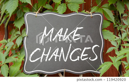 Make changes symbol. Chalk blackboard with words Make changes. Beautiful red background with plants. Business and Make changes concept. Copy space. Make changes symbol. Chalk blackboard with words Make changes. Beautiful red background with plants. Business and Make changes concept. Copy space. 119420920