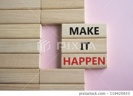 Make it Happen symbol. Concept words Make it Happen on wooden blocks. Beautiful pink background. Business and Make it Happen concept. Copy space. Make it Happen symbol. Concept words Make it Happen on wooden blocks. Beautiful pink background. Business and Make it Happen concept. Copy space. 119420933