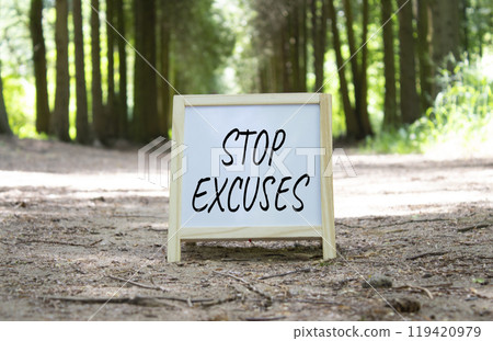 Stop excuses symbol. Concept word Stop excuses on white chalk background. Beautiful forest background. Business and Stop excuses concept. Copy space 119420979