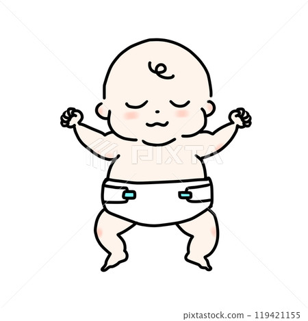 An illustration of an adorable baby in a diaper sleeping comfortably with his arms raised high 119421155