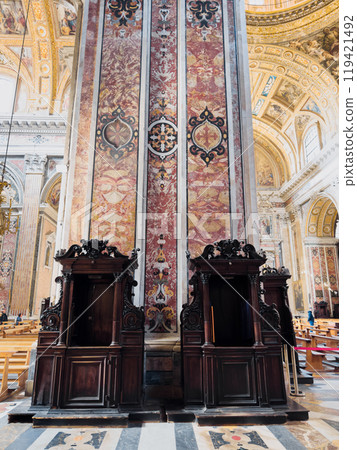 Wodden Confessionals Under Church Columns  119421492