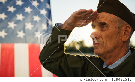 Sun Shining On The Soldier Honoring The Flag 119421513